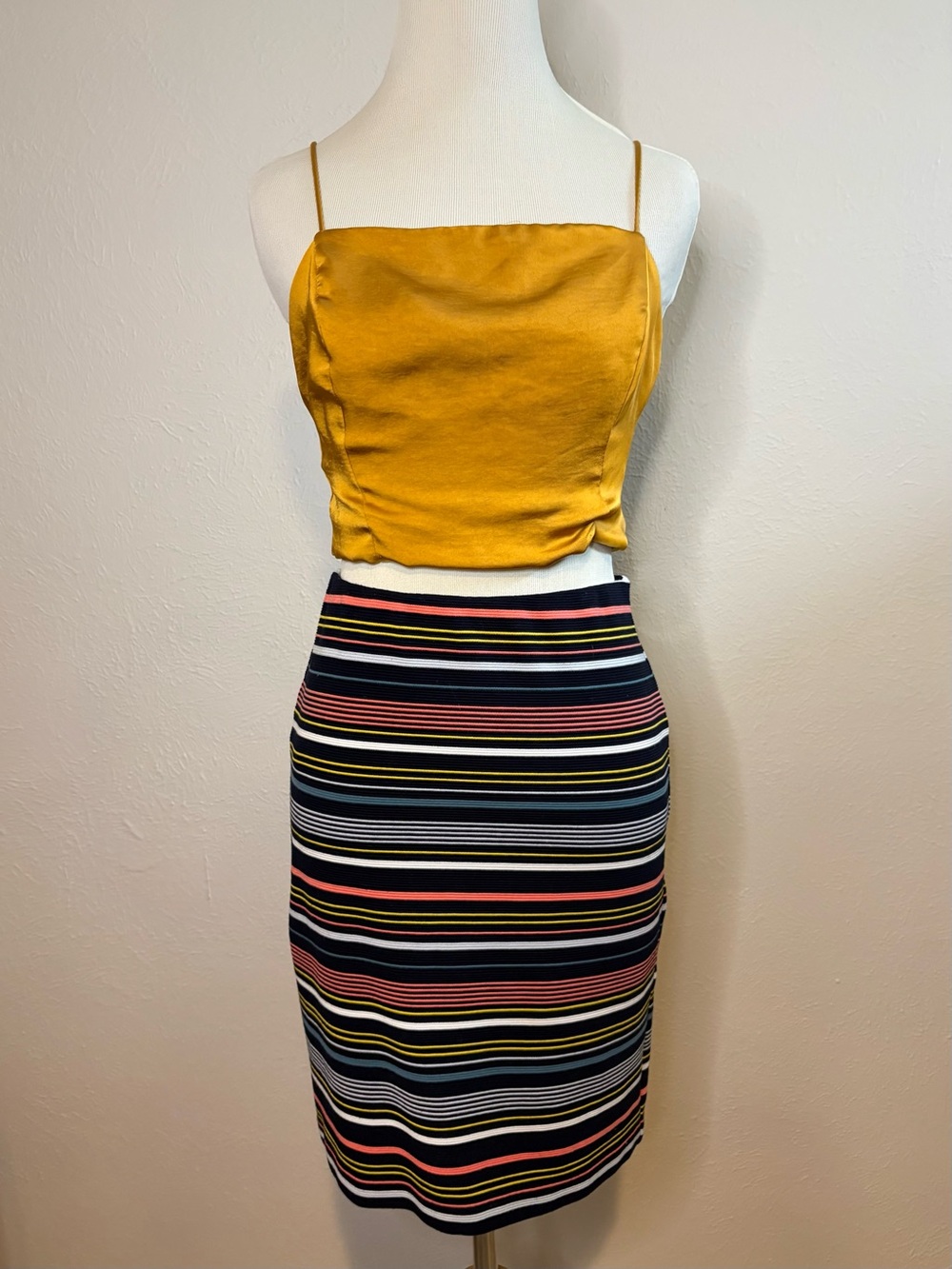 LOFT Petite Black Striped Knit Skirt with Yellow & Coral Accents Size XSmallP